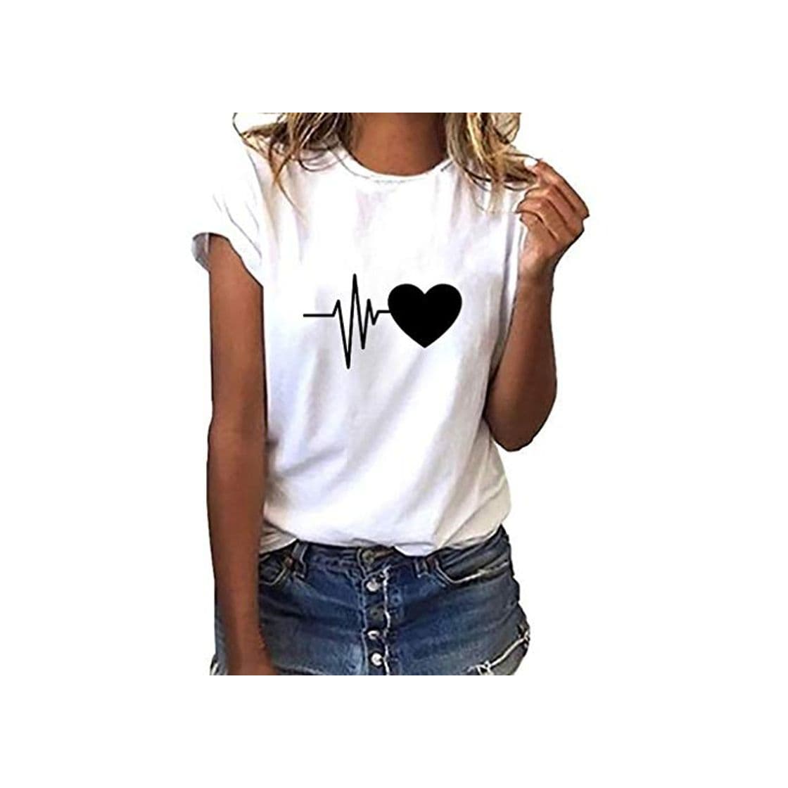 Product Camiseta de Mujer Manga Corta Corazón Impresión Blusa Camisa Cuello Redondo Promociones