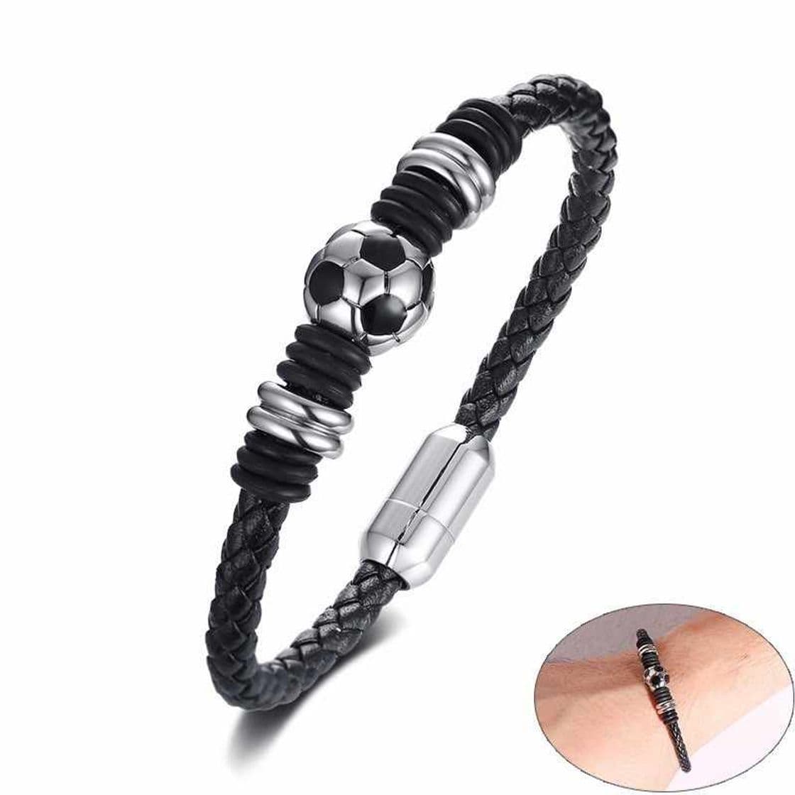 Producto Pulsera De Cuero para Hombre, Cuero Genuino Acero Inoxidable Pulsera Cadena Encanto