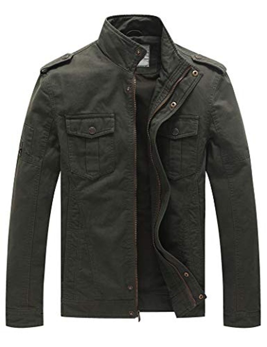 Fashion WenVen Chaqueta de Algodón Primavera Sahariana para Hombre Verde Militar X