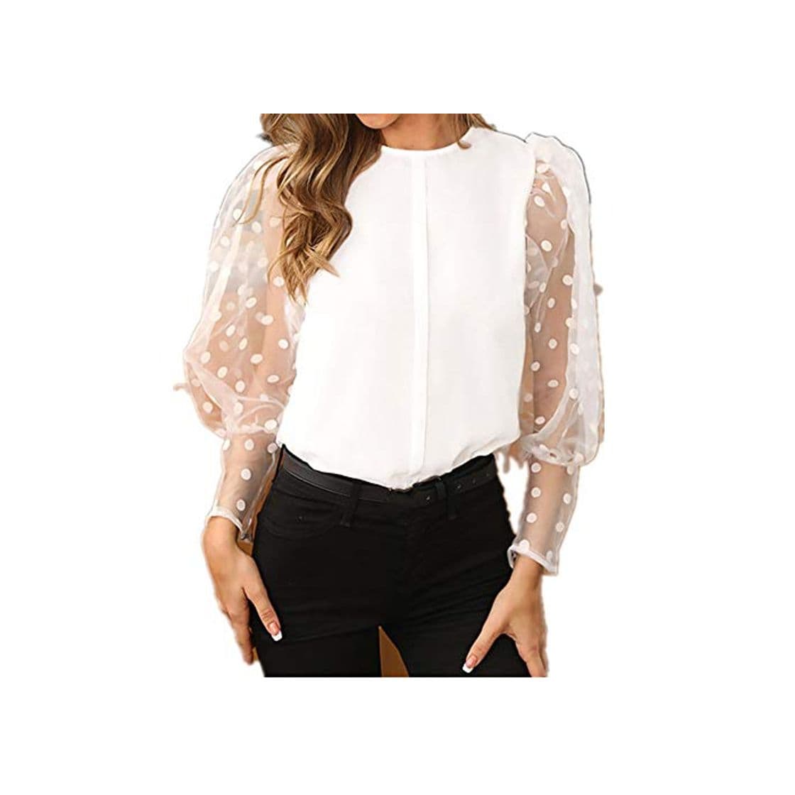 Fashion Blusa de Malla para Mujer Blusas con Manga de Linterna Sexy Camisas con Cuello Redondo con Estampado de Lunares