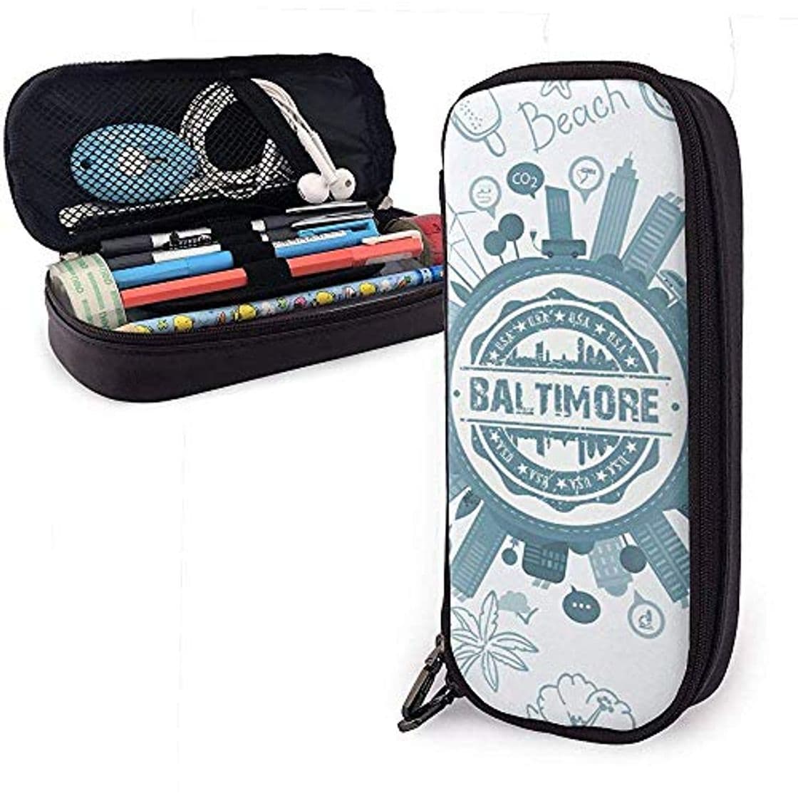 Fashion Baltimore Maryland Big Capacity Funda de cuero de cuero Estuche de lápices Estuche de papelería Organizador de caja Organizador de maquillaje Bolso de cosméticos portátil