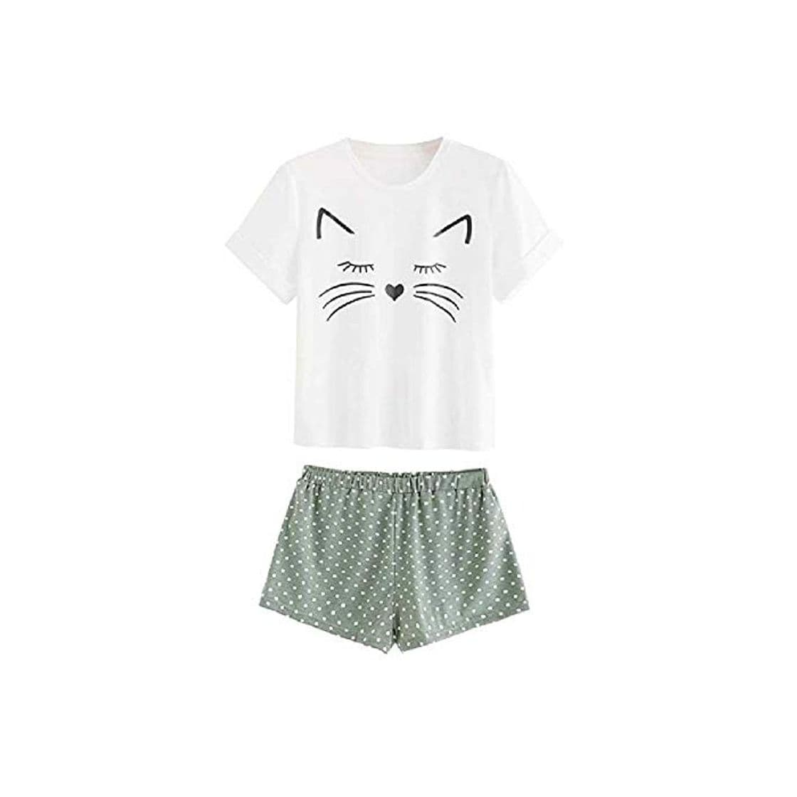 Fashion Pijama Mujer Shorts de Gato   Conjunto de Ropa de Dormir con Volantes de Manga Corta