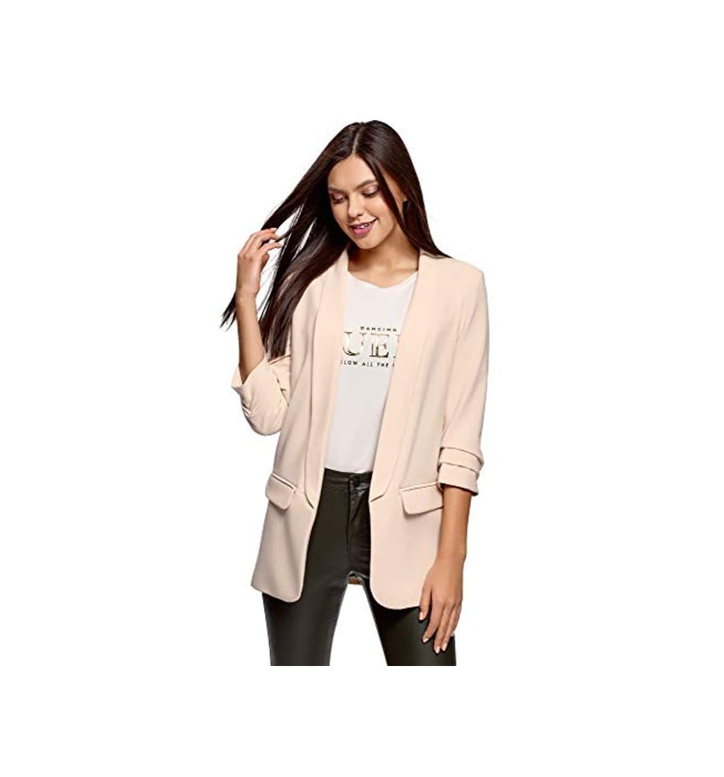 Fashion oodji Ultra Mujer Chaqueta con Mangas 3/4 sin Cierre, Beige, ES 44