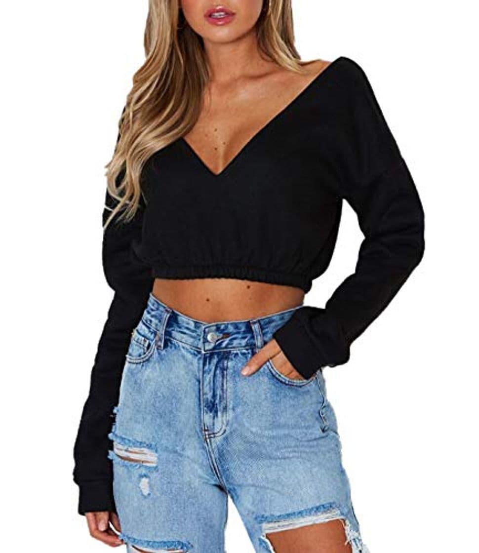 Moda OUFour Primavera y Otoño Mujeres Crop Top Cuello V Manga Larga Remata Suéter Blusa Casual Colores Lisos Jerseys Sudadera Jumper Pulóver