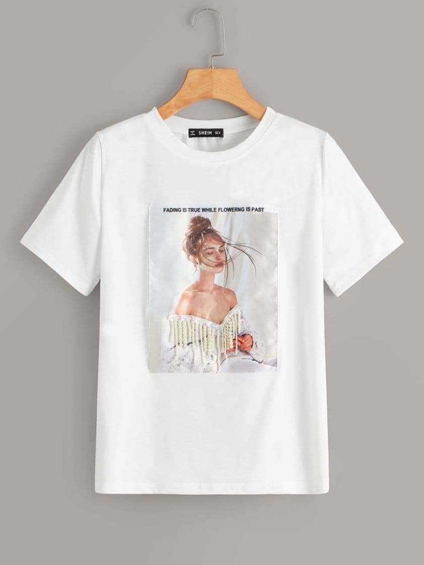 Moda Camiseta con diseño de perla con parche de figura