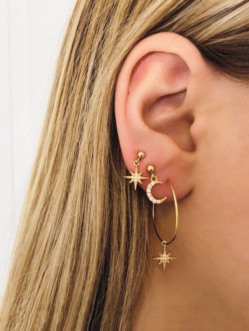 Moda 💠Pendientes de aro con luna y estrella 2 pares