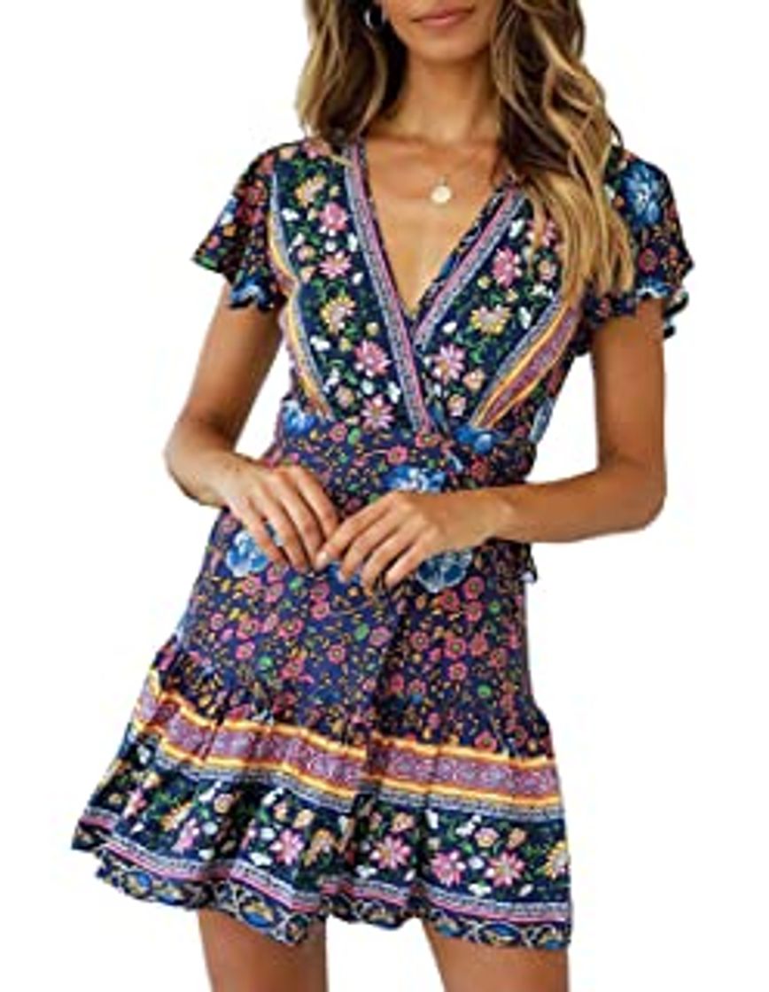 Product Vestido Mujer Bohemio Largo Verano Playa Fiesta Floral Manga Corta Cuello en V Talla Split Wrap Maxi Vestidos 5 XL