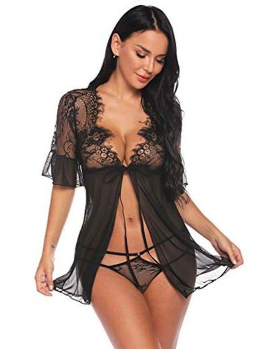 Producto Sykooria Conjunto de Lencería Sexy para Mujer Pestaña Babydoll Frente Abierto Camisón de Encaje Floral Chaquetas Vestidos Malla Transparente Malla de Encaje de Media Manga