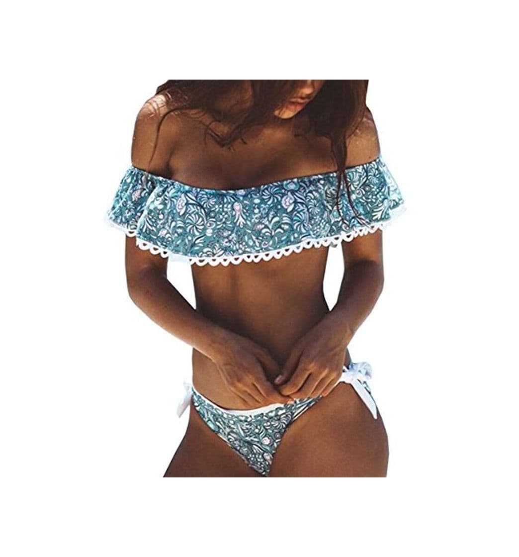 Product DELEY Mujeres Niñas Adolescente Hoja Lotus Floral Estampado Bandeau Bikini Push Up Traje De Baño Ropa De Playa Swimsuit Swimwear Tamaño M