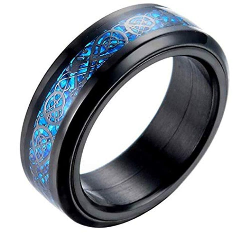 Producto PAURO Hombre Acero Inoxidable Negro Celtic Dragon Azul Fibra De Carbono Inlay Giratorio Anillo 8mm Band Tamaño 19