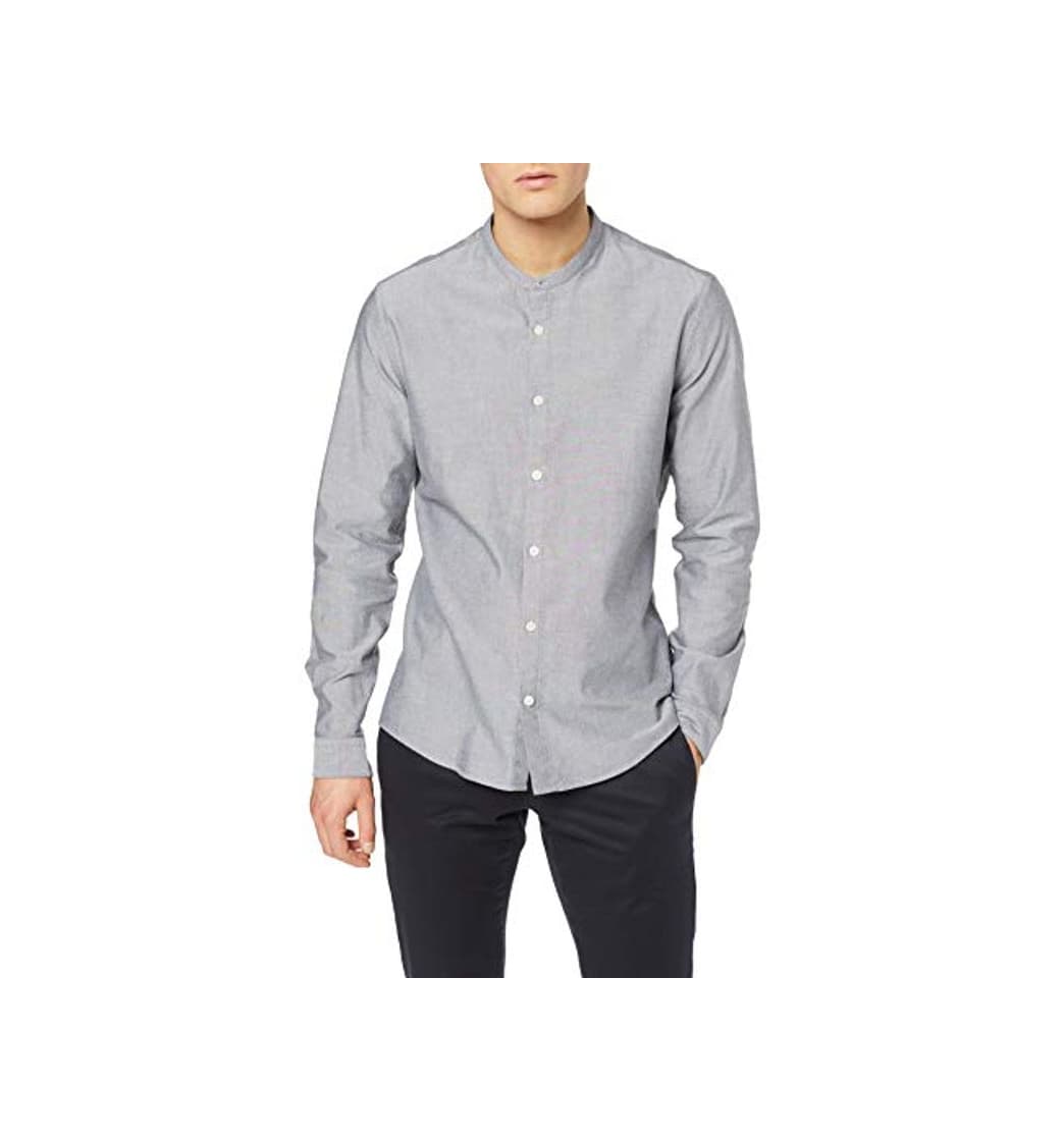 Moda Marca Amazon - find. Grandad Cotton - Camisa Hombre, Gris