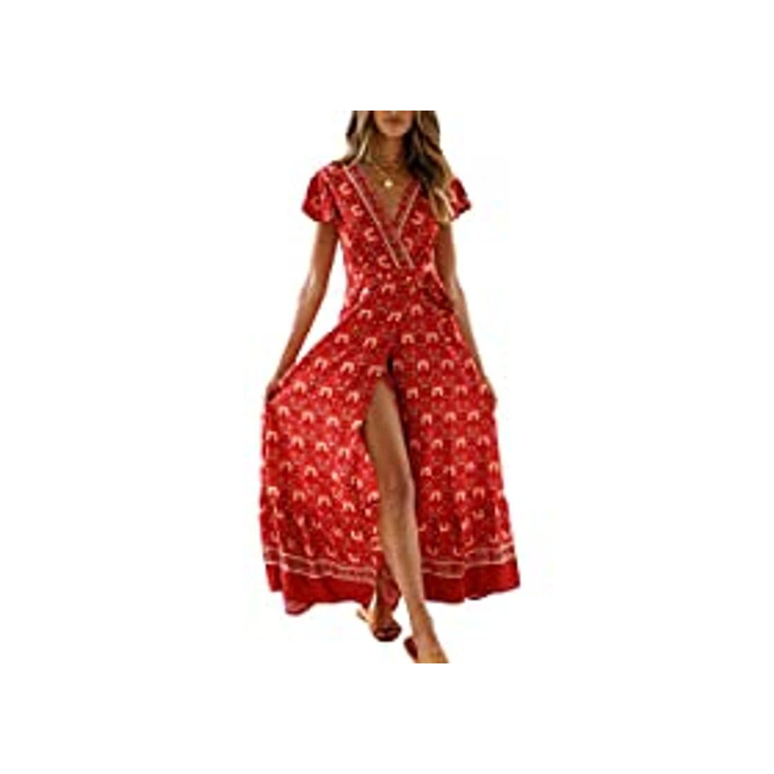 Moda Vestido Mujer Bohemio Largo Verano Playa Fiesta Floral Manga Corta Cuello en V Talla Split Wrap Maxi Vestidos 5 M