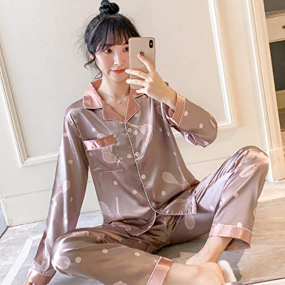 Moda ALDD Party Pajamas 2020Autumn New Women's Silk Long Sleeve Pajamas Set Loose