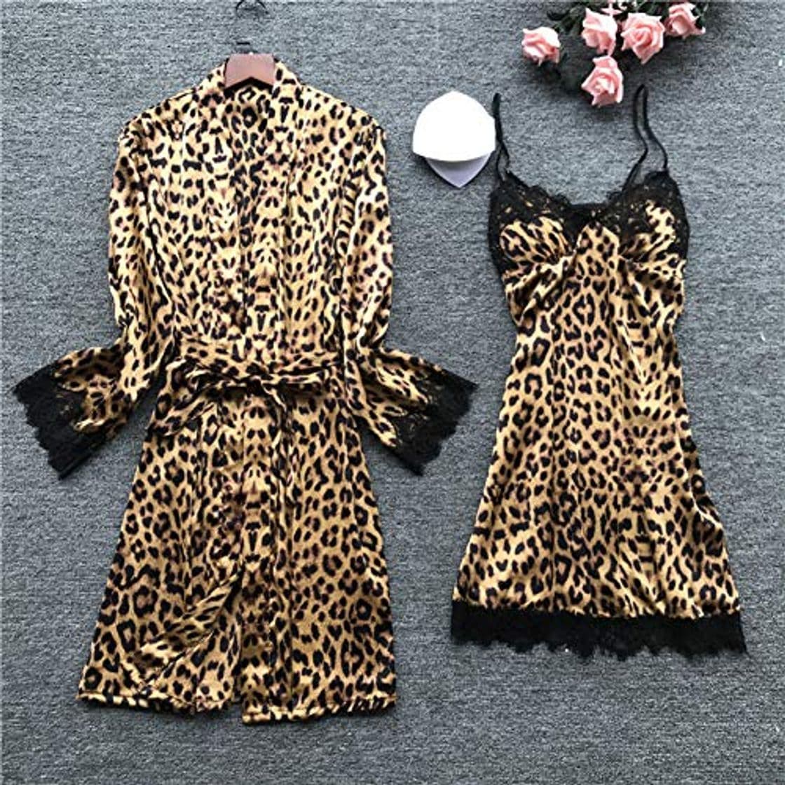 Moda ISKER Ladies' Pajamas Women Leopard Robe Sets 2019 Spring Summer 2 Pieces Sets Satin Sleepwear Women Silk Robe Women Clothing with Chest Pads