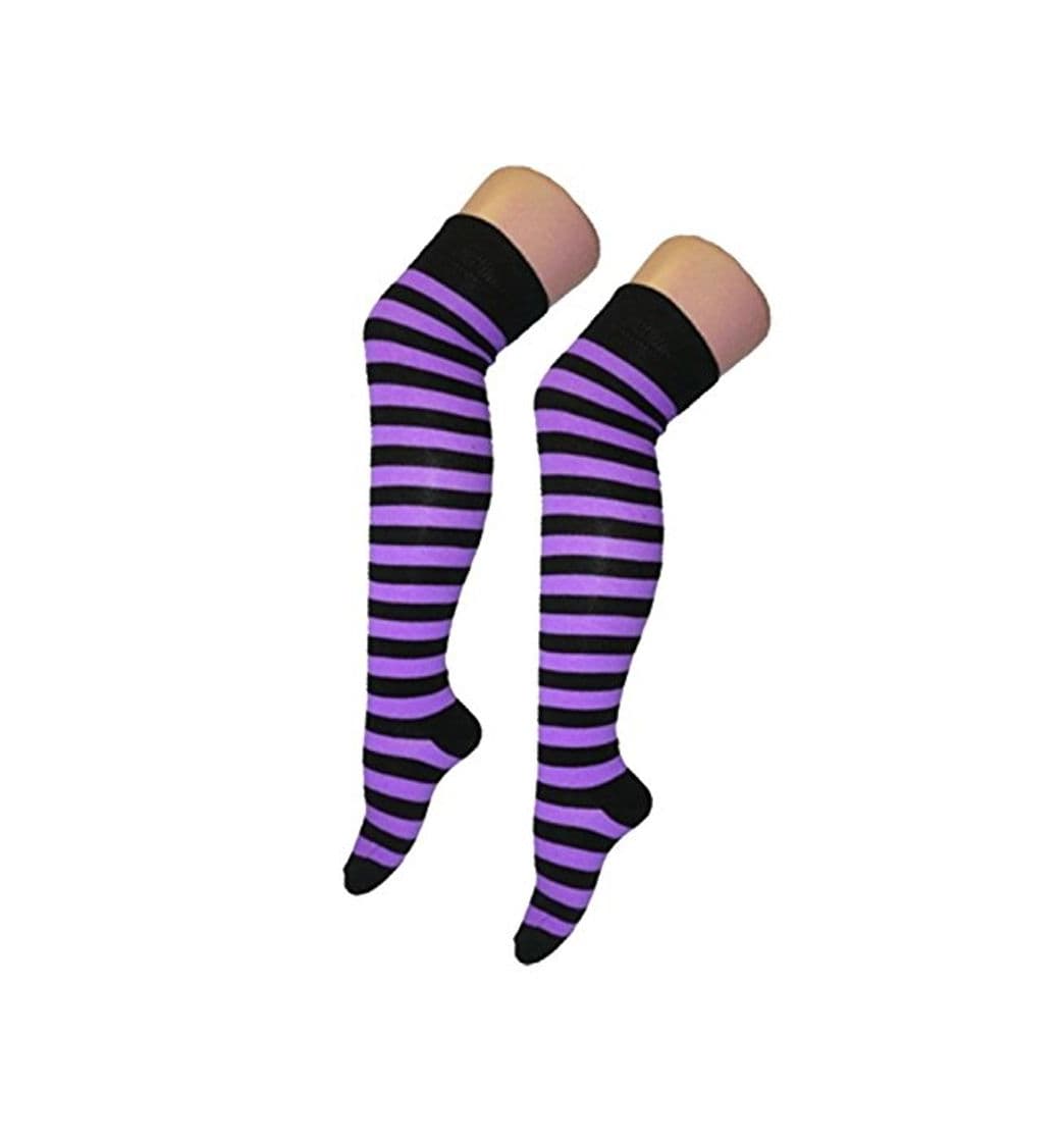 Fashion New Womens Over Knee Long Horizontal Stripe Print Ladies Thigh High Striped Patterned Overknee Socks Purple & Black by Purple Hanger