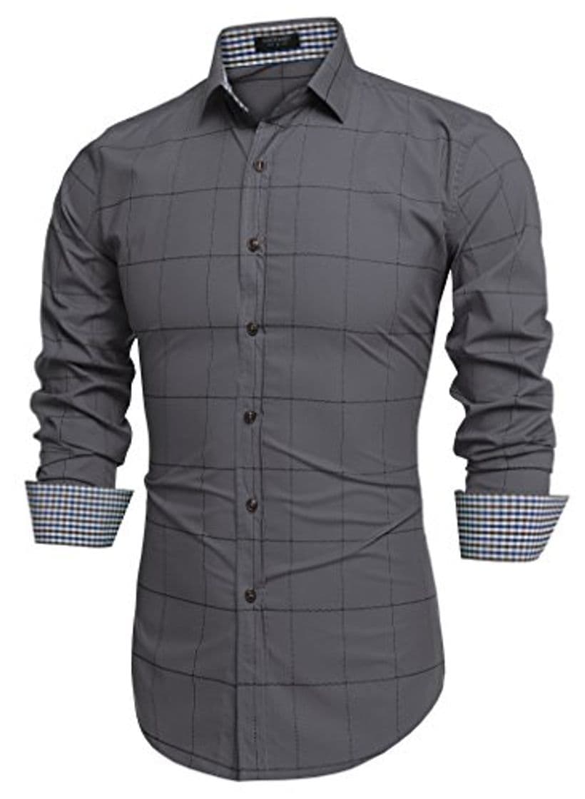 Moda Coofandy Camisa Gris Hombre a Cuadros Cierre con Botones Talla Pequeña S