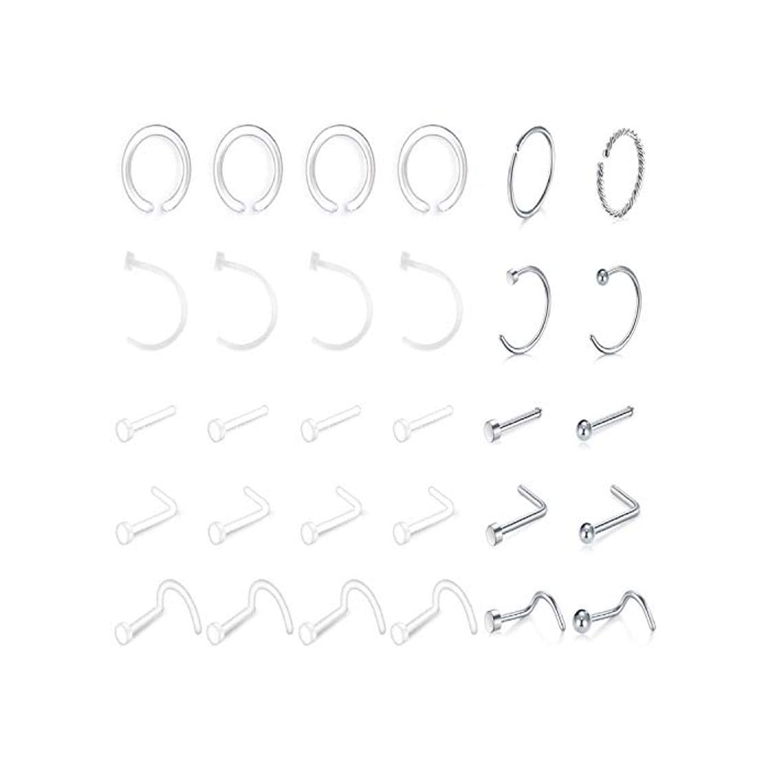 Moda LAURITAMI 30pcs Piercing Nariz Retenedor Transparente 20G Bioflex Acrilico Perno Nostril Barra Aros Fino Pequeño Set Pack Joyas