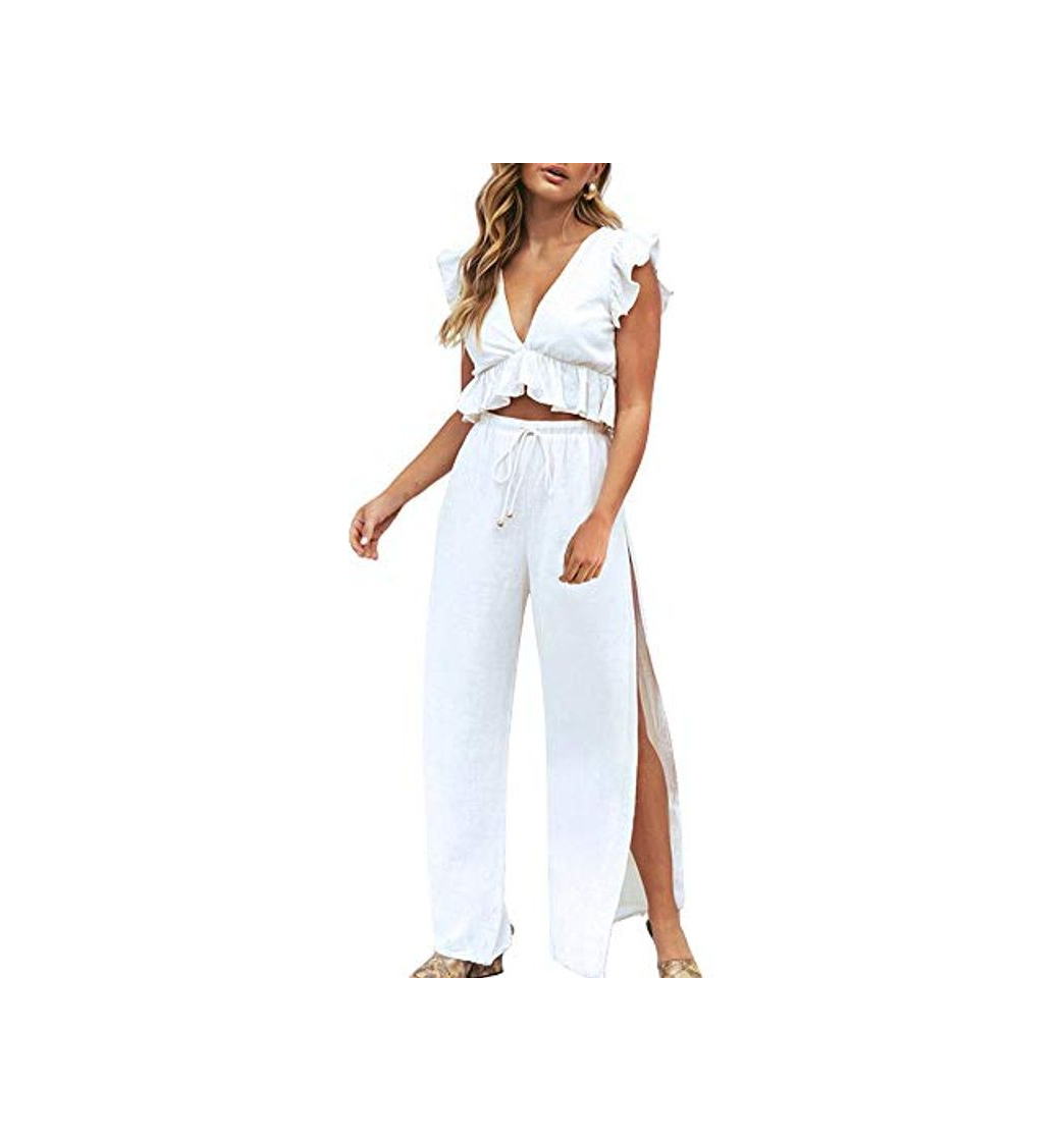 Fashion FANCYINN 2 Piezas Mujer Conjunto Fiesta Playa Verano Pantalon y Top Mono Blanco