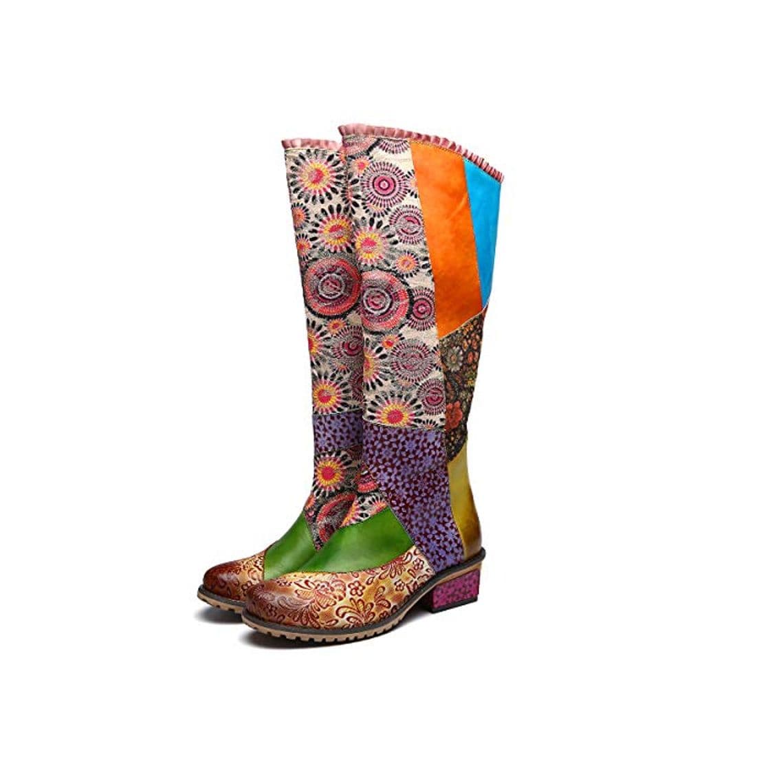 Fashion gracosy Botas de Cuero para Mujer Otoño e Invierno Calientes Estilo Nacional Bohemio Patrón de Flores Botas de Equitación Hecho a Mano Moda Moto Tacon Largas Planas