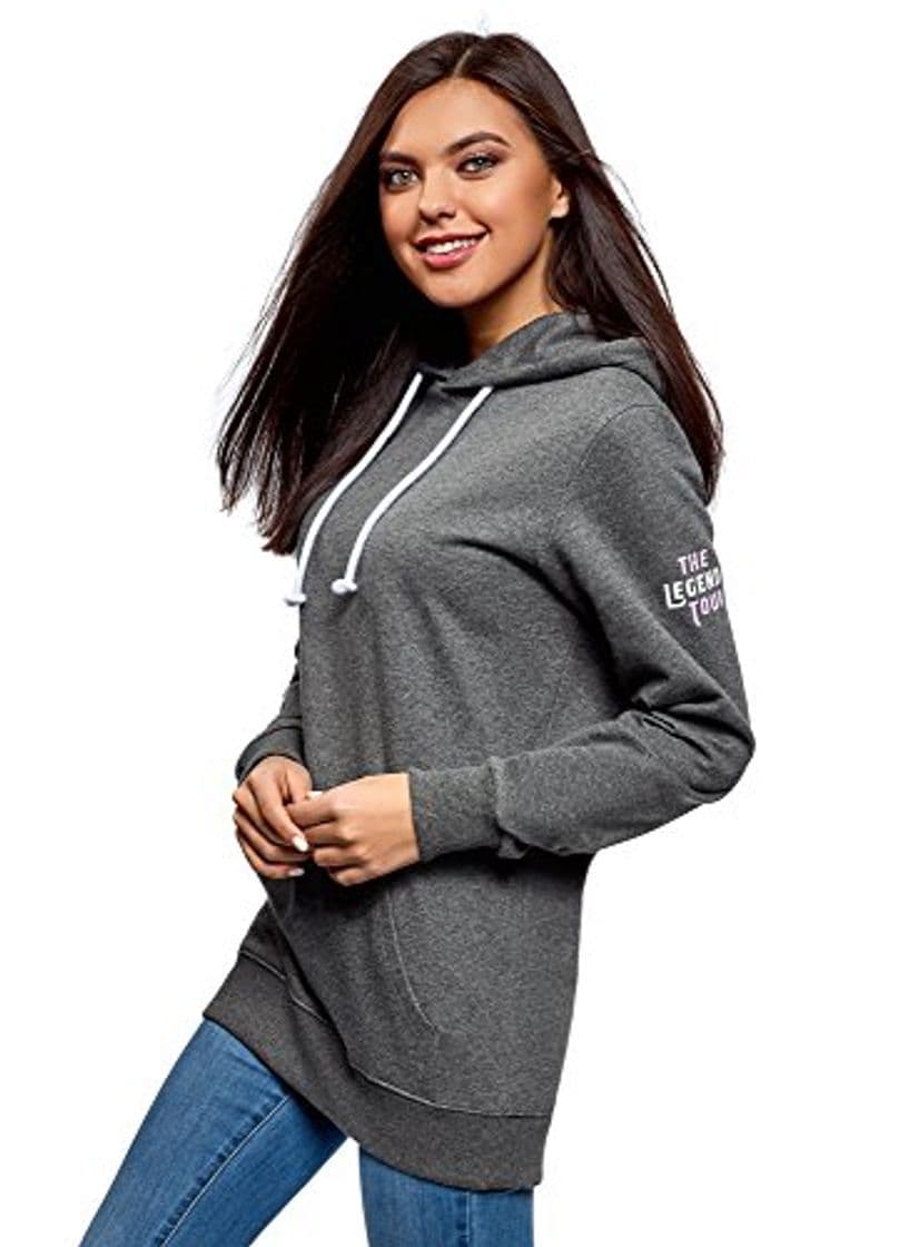 Fashion oodji Ultra Mujer Sudadera con Capucha y Estampado en la Espalda, Gris,