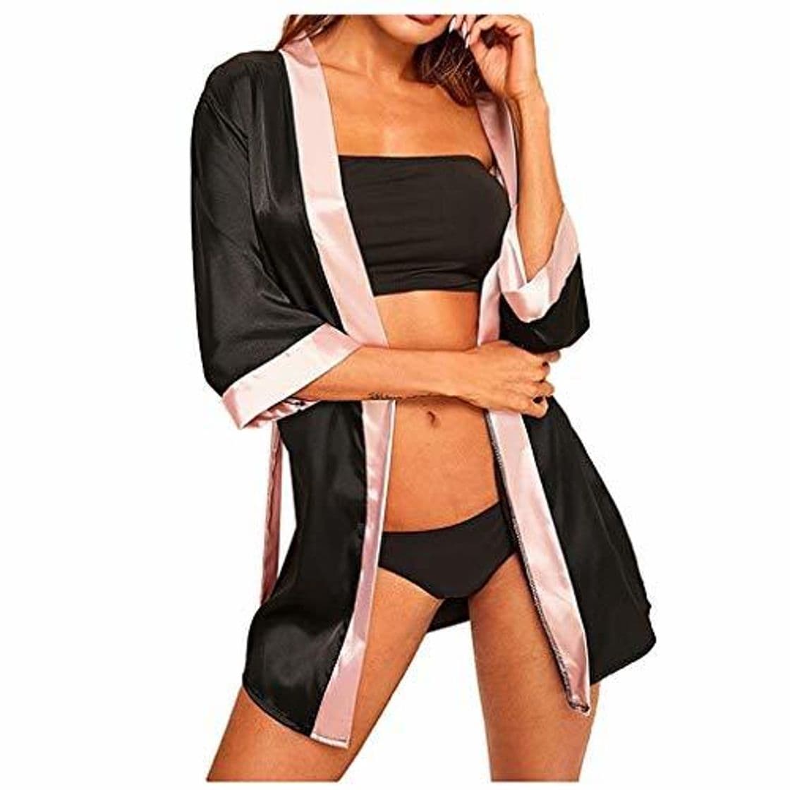 Place Luckycat Bata Sexy Transparente Lencería Kimono de Encaje Satén Escote en V