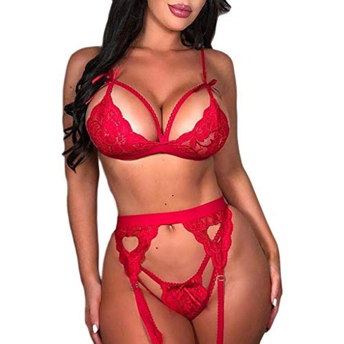 Moda QinMMROPA Conjuntos de Lenceria eróticas Mujer Ropa Interior Sujetador y Tanga y Ligueros Picardias Sexy Lenceria Abierta Mujer Transparente Lenceria Erotic Ropa Dormir Rojo XXL