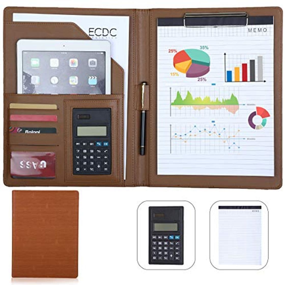 Producto Leathario Portafolio A4 Piel Portadocumentos Cremalleras de Viaje Carpeta de Conferencias de Cuero Imitación Organizadora Profesional Comercial de Negocios con Calculadora