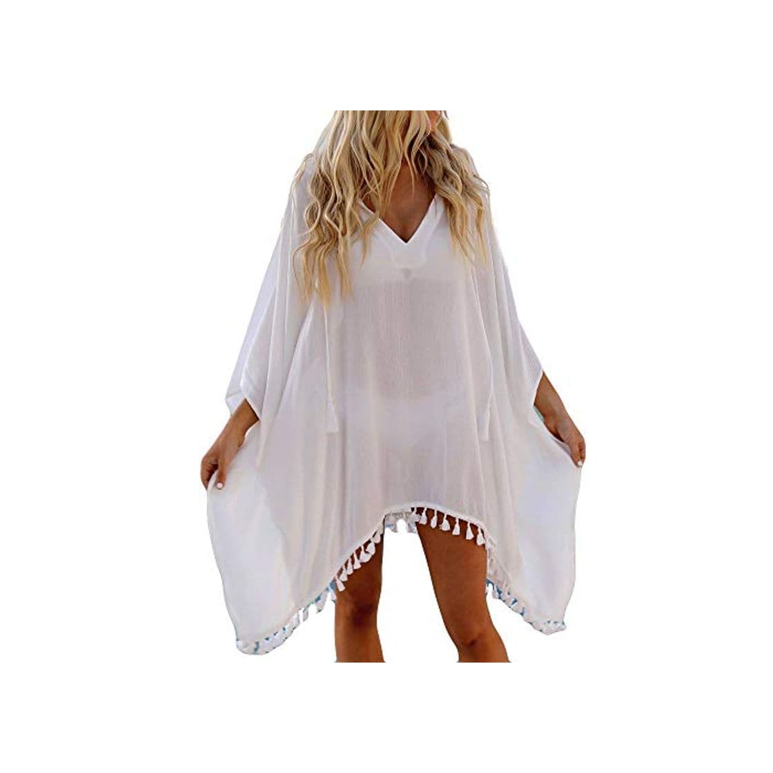 Moda Vestido De Playa Cover Bikini Up Mujer para Tassels Mode De Marca Poncho De Playa Traje De Baño De Verano para Mujer Blusa con Borla Cuello De Pico Vintage Bikinid Vestidos Elegante Bufanda Suelta