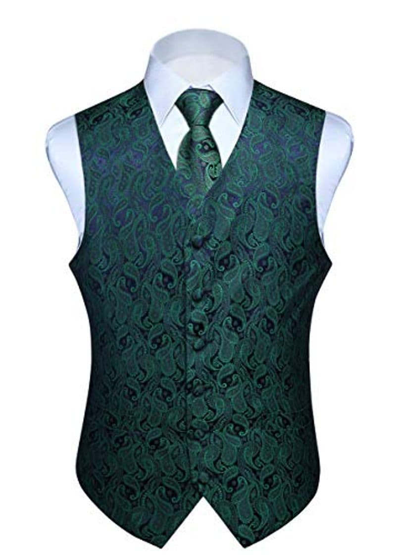 Moda HISDERN Chaleco y Corbata de Jacquard Floral Paisley Clasico para Hombre y Traje de Chaleco Cuadrado de Bolsillo