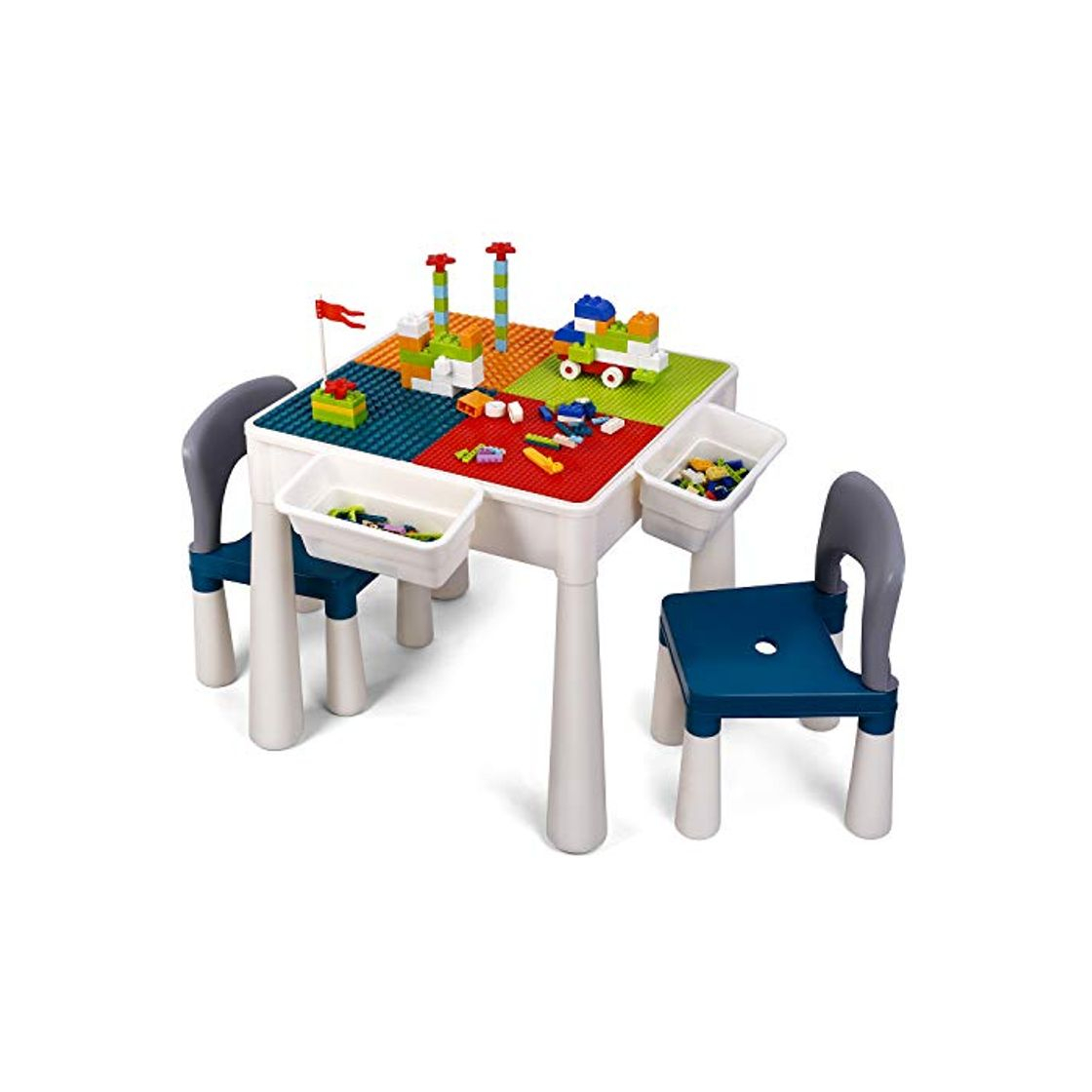 Product amzdeal Juego de Mesa y 2 Sillas Infantiles Mesa de Bloques para Niños Mesa de Actividades Multiusos con Bloques de partículas Grandes y Pequeños Mesa de Estudio Mesa de Comedor Mesa de Juego