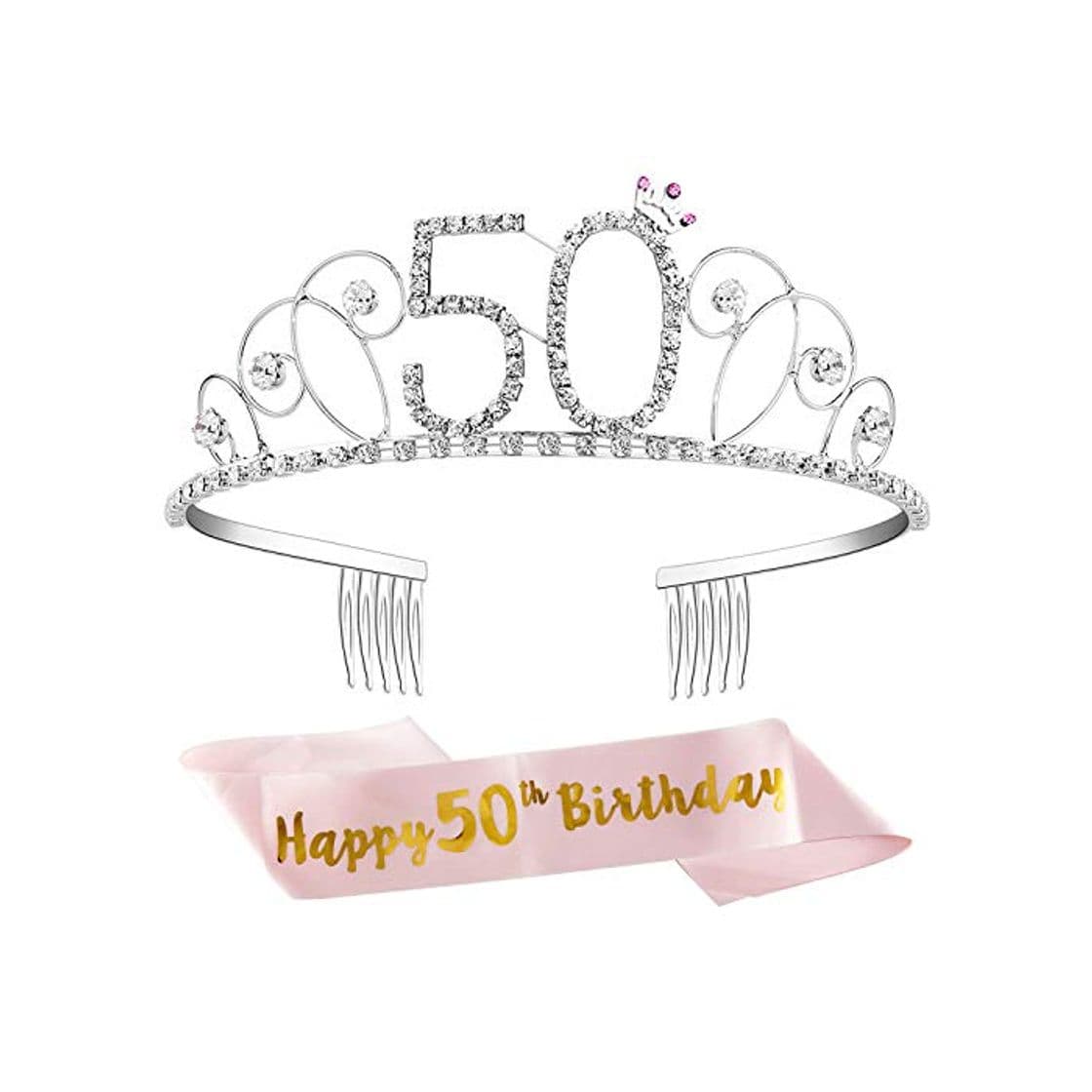 Product ZWOOS Tiara Cristal Diadema Corona Cumpleaños Corona Princesa Decoracion fiesta Feliz Cumpleaños de Número 50 con Satin Sash