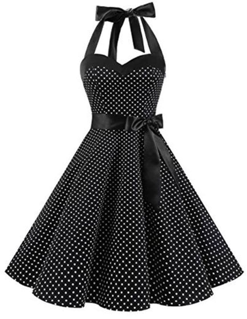 Fashion Dresstells® Halter 50s Rockabilly Polka Dots Audrey Dress Retro Cocktail Dress Black Small White Dot XL