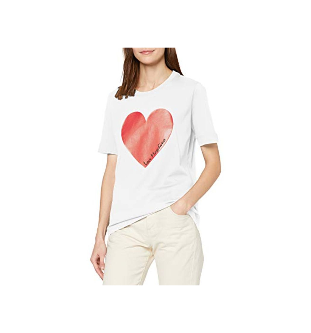 Moda Love Moschino Short Sleeve Jersey T-Shirt_Heart Print & Italic Logo Camiseta, Blanco