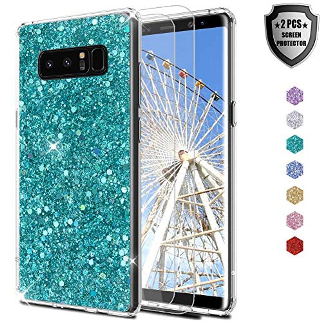 Product Feyten Funda Galaxy Note 8 con 2-Unidades Cristal Vidrio Templado, Purpurina TPU