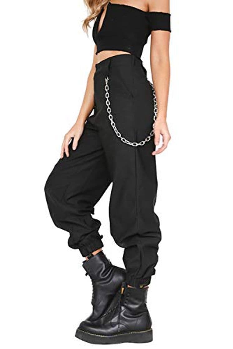 Product Pantalon con Cadena y Bolsillos Mujer Retro Boyfriend Pantalone Chandal Cargo Baggy