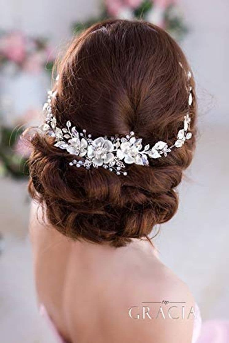 Fashion Simsly - Diadema nupcial plateada de vid con flores y perlas para