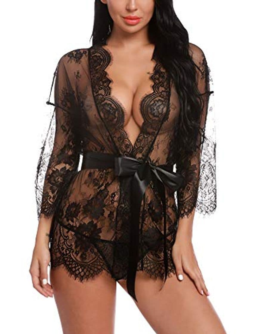 Fashion Sykooria Conjunto de Lencería Sexy Bata de Encaje Babydoll Kimono Ropa de Dormir Escote en V Profundo Camisón Camisón Ropa de Dormir Suave