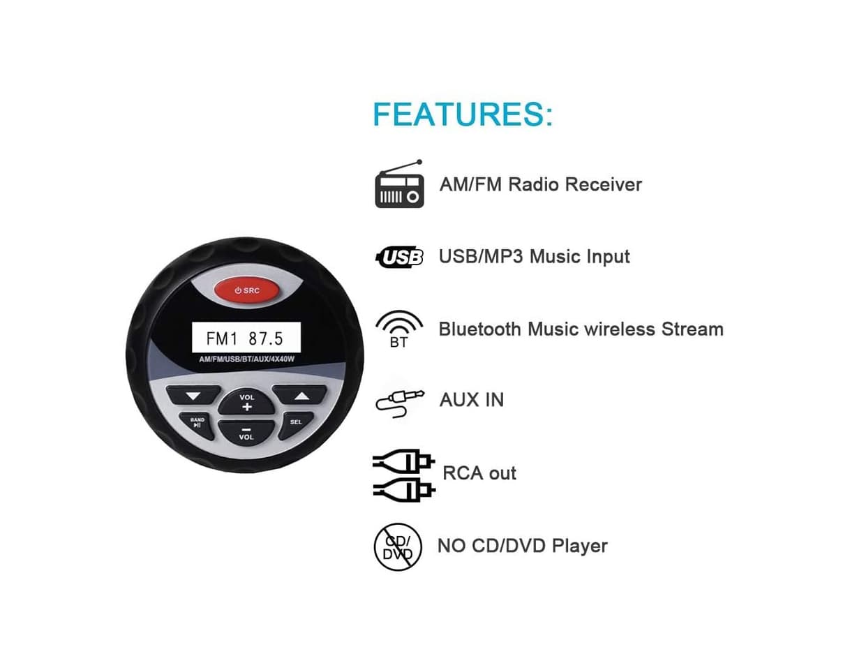 Producto Bluetooth Estéreo Radio Marítima Audio Impermeable USB Reproductor MP3 FM AM Receptor AUX RCA para Barco Yacht ATV UTV Motocicleta Baño Piscina al aire libre