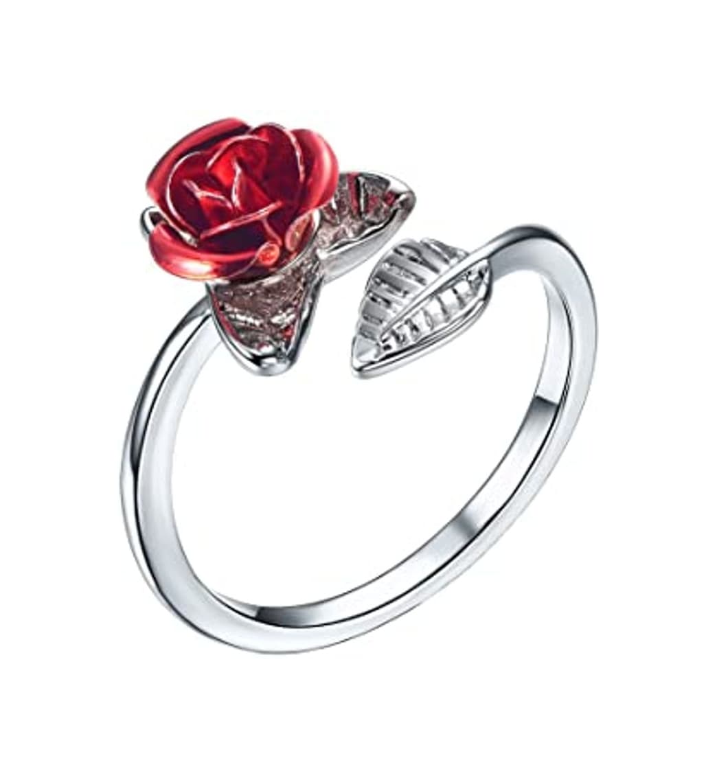 Product U7 Anillo Ajustable Mujer Anillo de Plata Tono diseño de Flor Rosa