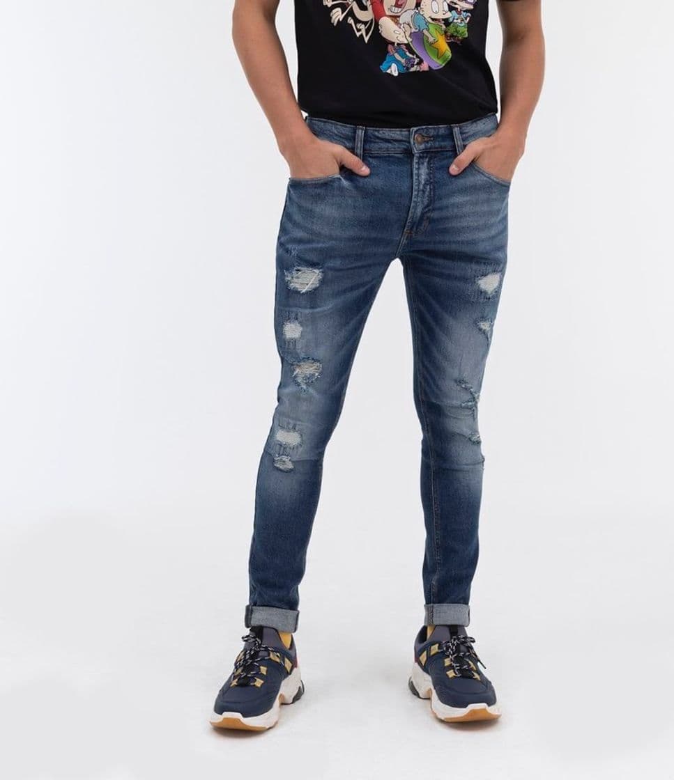 Moda Calça Jeans com Puídos Azul