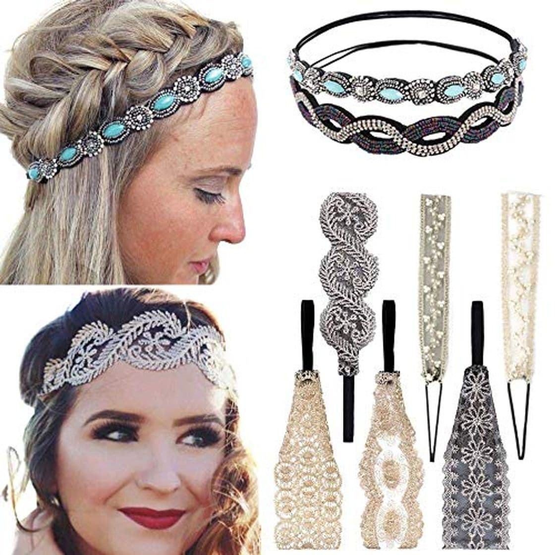 Moda 8Pcs Diademas de encaje Estiramiento Diademas Joyas de perlas de encaje Diademas con cuentas Elegent Hair Band para mujer Lady Girls