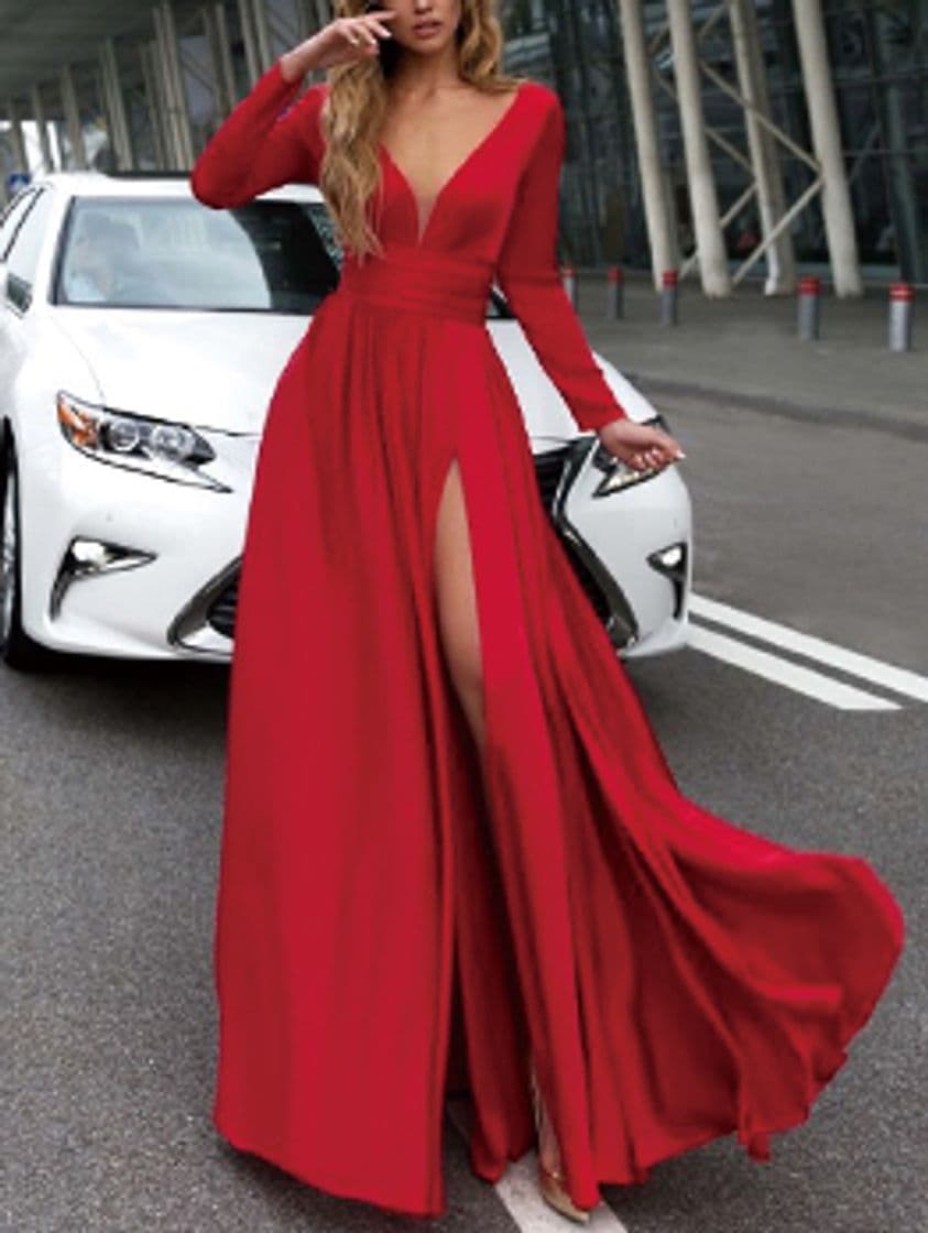 Moda Sexy Long Sleeve Maxi Dress Formal, V Neck Split Hem ...