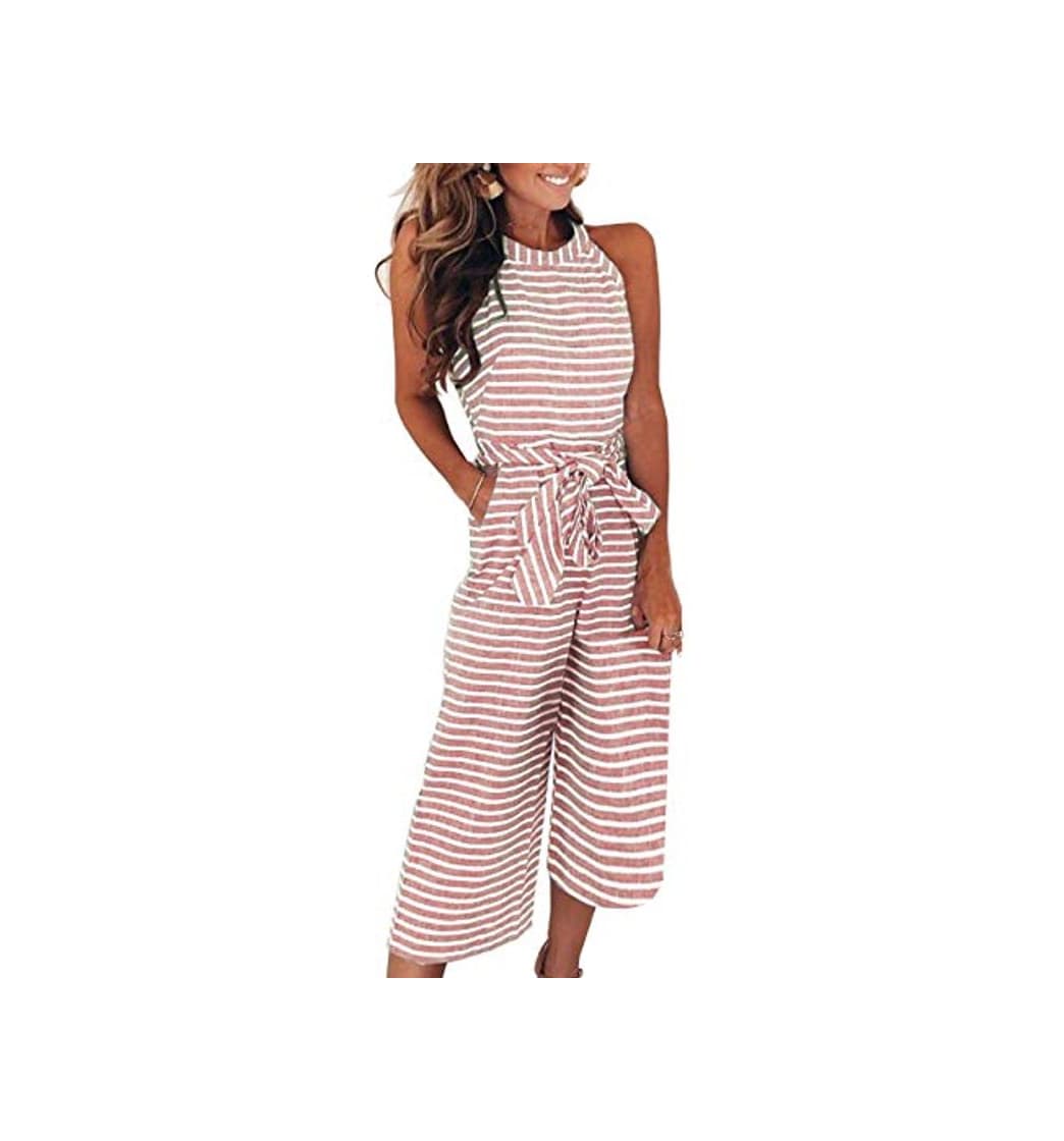 Moda FeelinGirl Mono Largo Mujer Verano O Jumpsuit Cintura Alta con Bosillo Cuello Redondo Rojo S