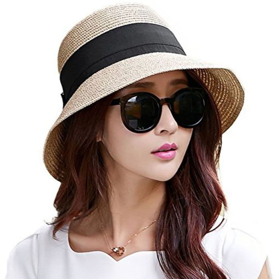 Product Comhats Sombrero de Verano de Paja con sombrilla para Mujer Sombrero de Sol Suelto de Playa de ala Ancha Beigemix M