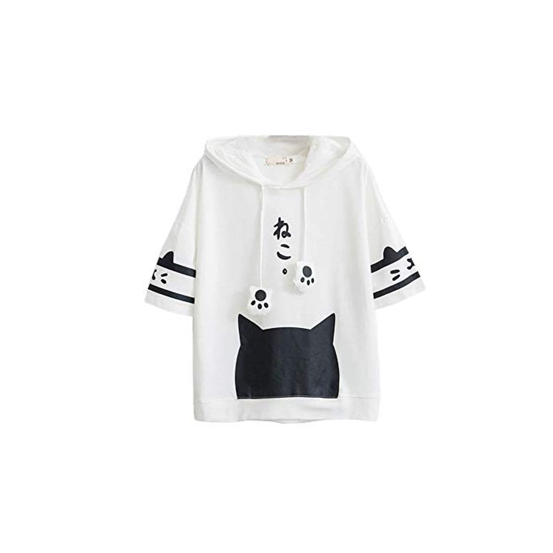 Product DFEIPING Camiseta Mujer Harajuku Japón Estilo Kawaii Cat Camiseta Blanca con Capucha