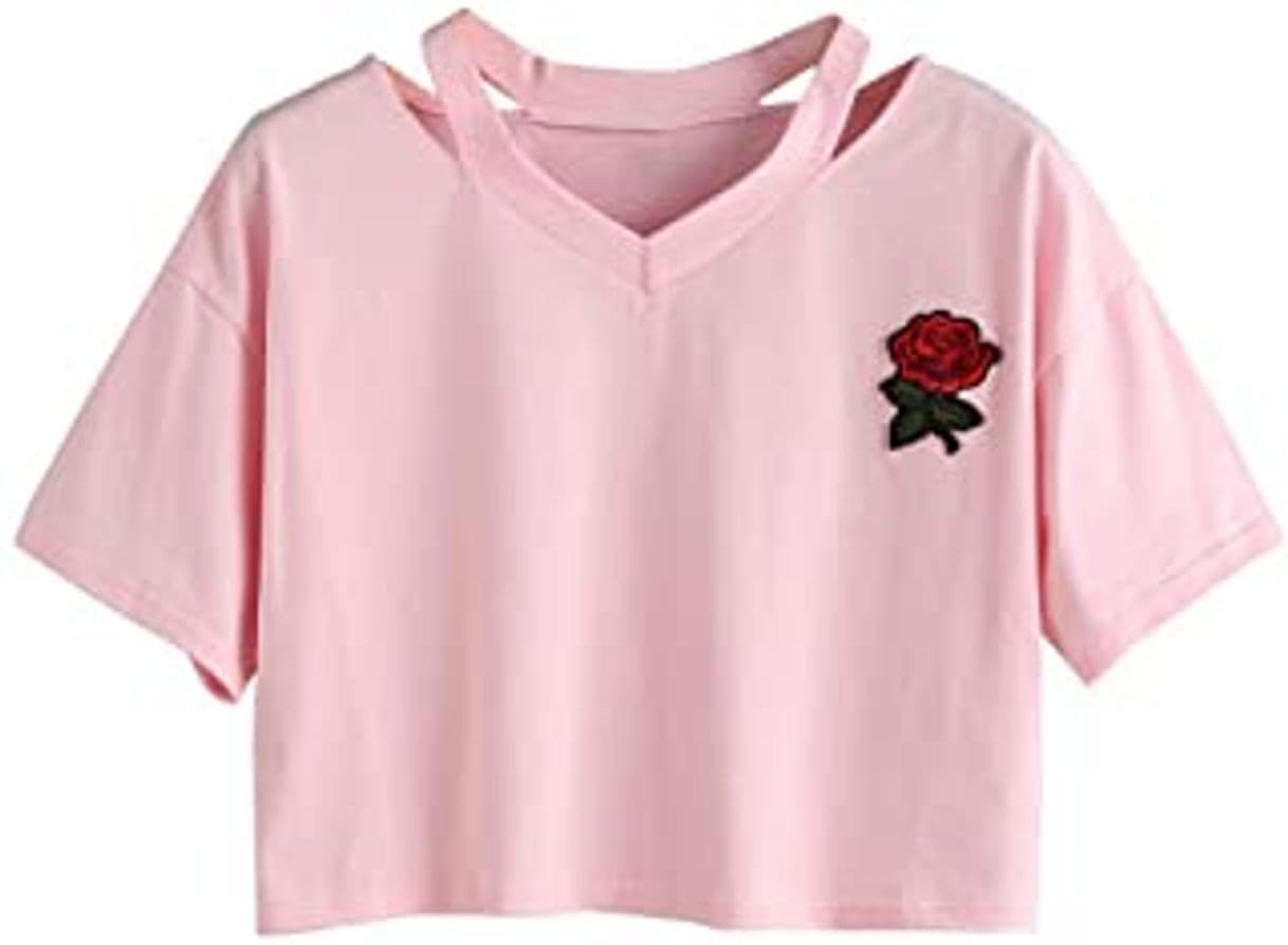 Fitness Goodsatar Mujer Rosa Manga corta Casual Camiseta Mezcla de algodón Cuello en V Chaleco Tops Blusa (S