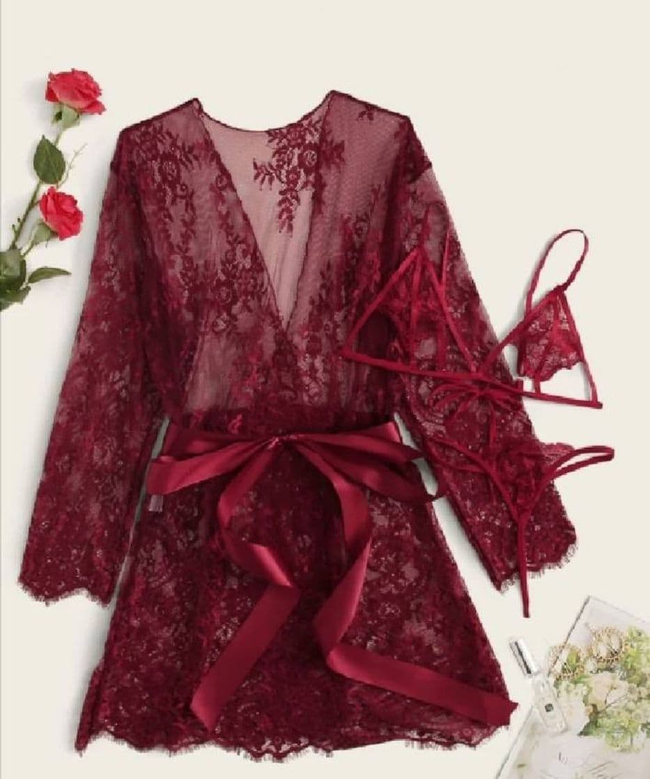 Moda 💠 3pack Floral Lace Lingerie Set & Belted Robe | SHEIN