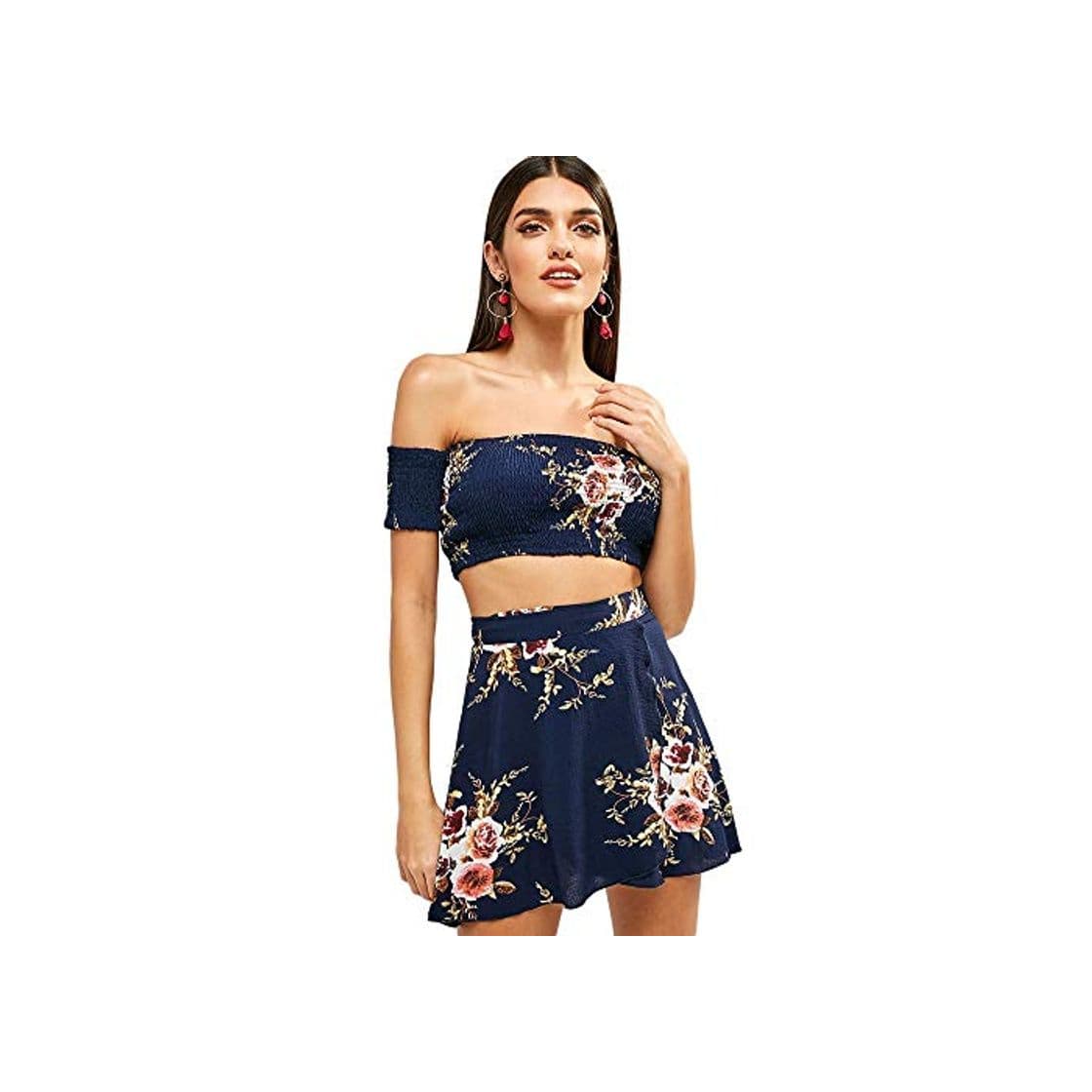 Fashion ZAFUL Mujer Hombros Libre Flores Parte superior Rallada y Juego de dos piezas Vestido de vacaciones Minifalda azul M