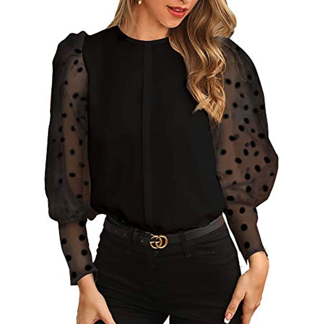 Fashion Blusa Manga Larga Transparente con Puntos para Mujer Camisa Mujer Elegante Moderna