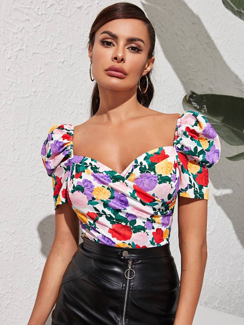 Moda SHEIN blusa top floral de manga farol